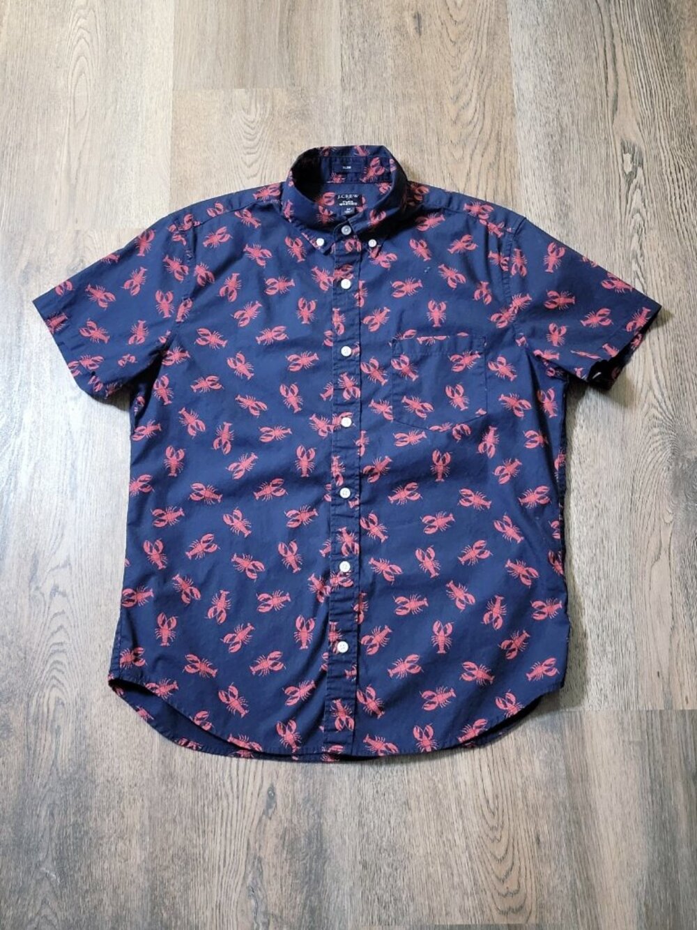 J. Crew Men Medium Navy Blue Red Lobster Print Slim Short Sleeve Nautical Preppy